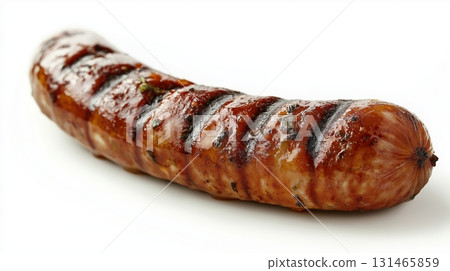 A single juicy grilled sausage with a deep brown isolated on a white background 131465859