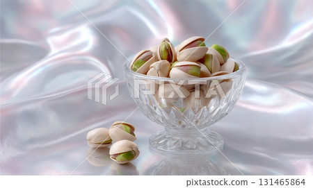 Pistachios in a decorative glass bowl on a silky fabric background 131465864