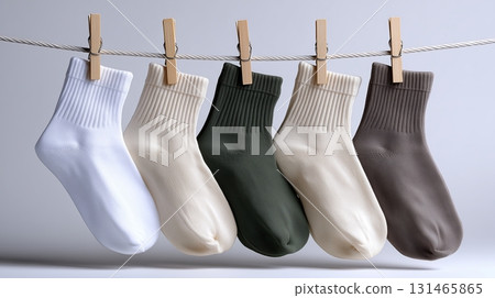 Colorful cotton socks hanging on a clothesline in a simple setup 131465865