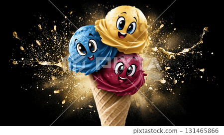 Colorful ice cream cone with smiling faces in front of a splash background 131465866