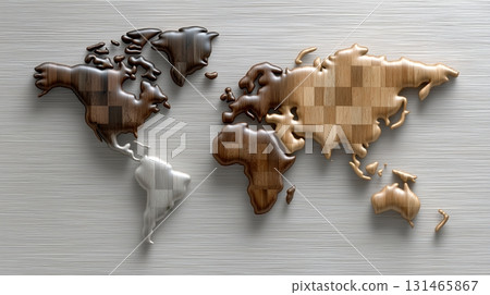 Decorative wooden map of the world showcasing continents in vibrant tones Decorative wooden map of the world showcasing continents in vibrant tones 131465867