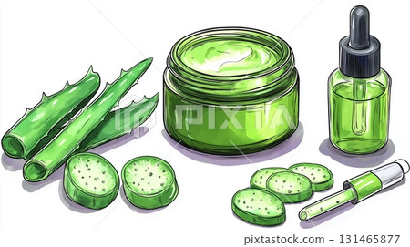 Natural skincare products featuring aloe vera and cucumber slices 131465877