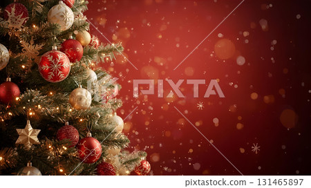 Beautiful Christmas tree decorated with red and gold ornaments and sparkling background Beautiful Christmas tree decorated with red and gold ornaments and sparkling background 131465897