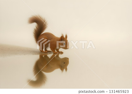 Red squirrel at water's edge, fluffy tail raised, gazing at its mirror reflection. 131465923