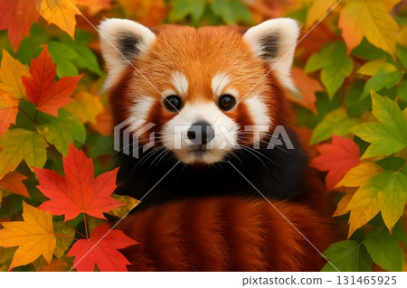 Close portrait of a red panda among colorful autumn maple leaves, soft light 131465925