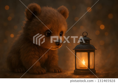 Wide-eyed bear cub sitting beside a glowing lantern, warm candlelight 131465928