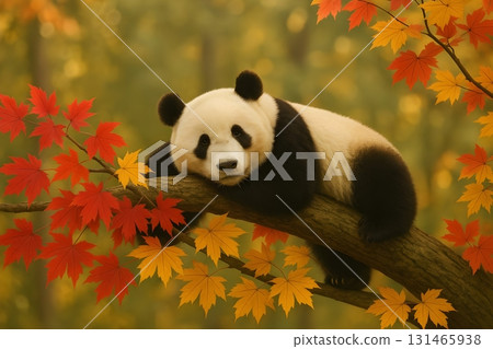 Giant panda resting on a tree branch surrounded by red and yellow maple leaves in a soft autumn forest 131465938
