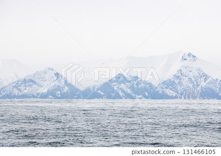 snow-covered mountains on shore of Pacific ocean snow-covered mountains on shore of Pacific ocean 131466105