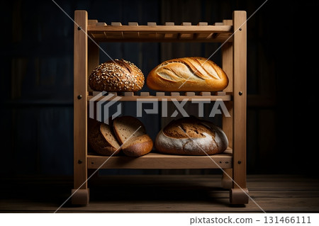 Assortment of fresh artisan breads displayed on rustic wooden shelves, bakery display on dark background Assortment of fresh artisan breads displayed on rustic wooden shelves, bakery display on dark background 131466111