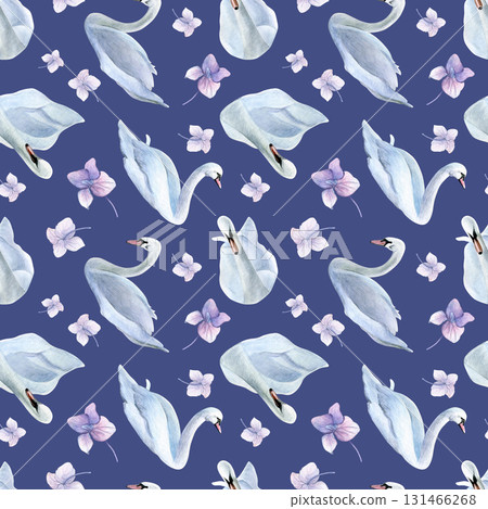Watercolor seamless pattern with swans and hydrangea on a gray-purple background. Good for postcards, recipes, menu, invitations, greeting cards, wallpaper and textiles Watercolor seamless pattern with swans and hydrangea on a gray-purple background. Good for postcards, recipes, menu, invitations, greeting cards, wallpaper and textiles 131466268