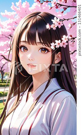 A young woman wearing a kimono and cherry blossoms A young woman wearing a kimono and cherry blossoms 131466401