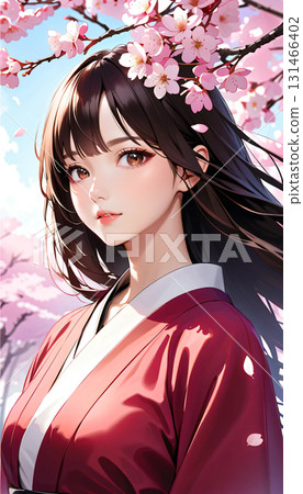 A young woman wearing a kimono and cherry blossoms 131466402