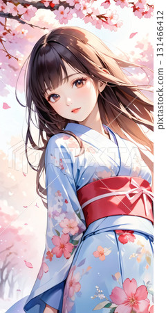 A young woman wearing a kimono and cherry blossoms 131466412