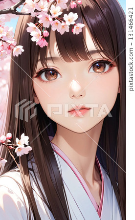 A young woman wearing a kimono and cherry blossoms 131466421