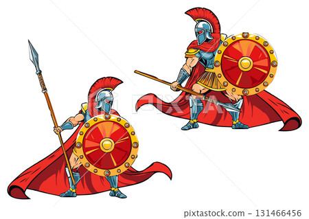 Powerful ancient warrior holding spear and shield ready for battle, Spartan or Trojan warrior with helmet and spear, Ancient Greek Hoplite muscular Warrior, 131466456