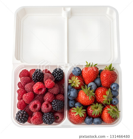 Fresh mixed berries and strawberries in a white plastic container, healthy snack or dessert ingredient, isolated on transparent background Fresh mixed berries and strawberries in a white plastic container, healthy snack or dessert ingredient, isolated on transparent background 131466480