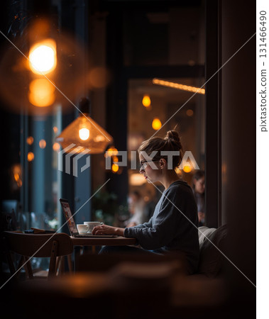 Young entrepreneur works on laptop in a cozy cafe during the evening hours 131466490