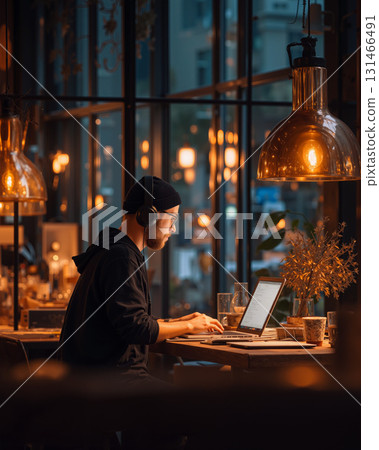 Young entrepreneur focuses on work in a cozy cafe during evening hours with warm lighting and a relaxing atmosphere 131466491