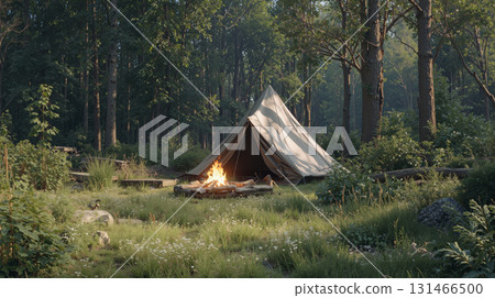 Tent set up in a peaceful forest clearing with a cozy campfire glowing in the evening light 131466500