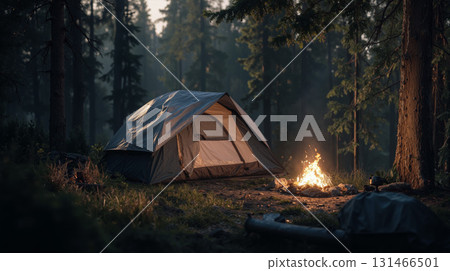 Camping in a serene forest clearing with a glowing campfire at dusk 131466501