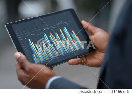 Person presenting a detailed graph on a tablet during a business meeting in a modern office setting 131466536