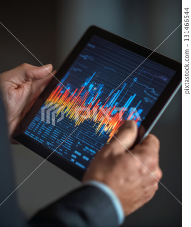 Professional presenter shows data analysis using a digital tablet in a business meeting 131466544