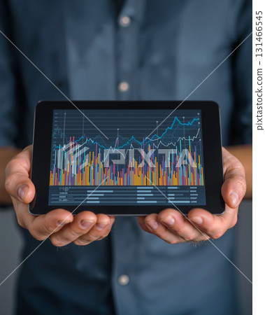 Presenter displays detailed graph analysis during a business meeting in a modern office setting 131466545