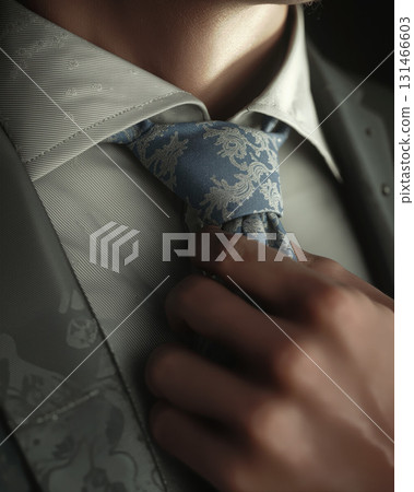 Man adjusts tie while wearing a classic suit in a formal setting, preparing for a special event or meeting Man adjusts tie while wearing a classic suit in a formal setting, preparing for a special event or meeting 131466603