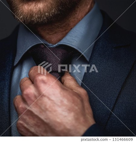 Man in a classic suit carefully adjusts his tie in a well-lit indoor space before an important event 131466609