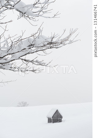 Old Wooden Barn In Foggy Snowy Mountain Village 131466741