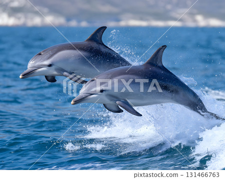 A dynamic ocean scene of two jumping dolphins dancing in the blue sea 131466763