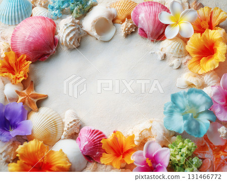 Gorgeous background of a summer sandy beach decorated with seashells and tropical flowers 131466772