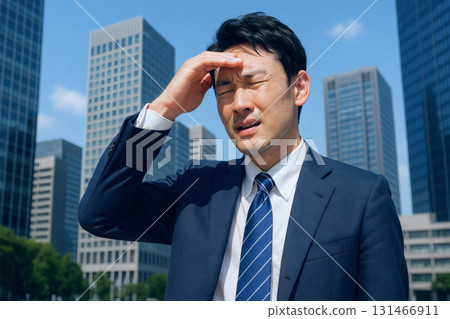 The expression of a Japanese businessman in a suit suffering from a headache in the hot sun 131466911