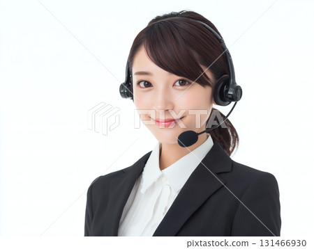 A Japanese call center operator woman in a suit wearing a headset smiling and serving customers A Japanese call center operator woman in a suit wearing a headset smiling and serving customers 131466930