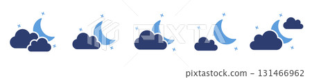 Weather Icons: Moon, Clouds, and Stars for Night Weather. A series of five icons illustrating various nighttime weather conditions. 131466962