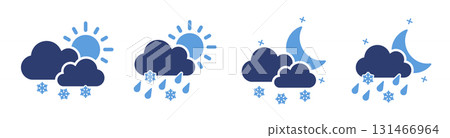 Partly Sunny Icons: Sleet and Snow During Day and Night. A set of four icons for weather forecasting, illustrating mixed precipitation conditions. 131466964