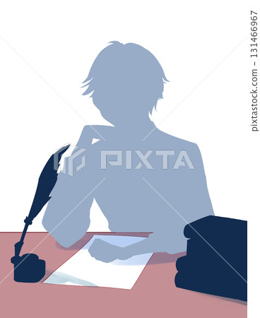 貴族男子將下巴放在手上、桌子、紙上、剪影 貴族男子將下巴放在手上、桌子、紙上、剪影 131466967