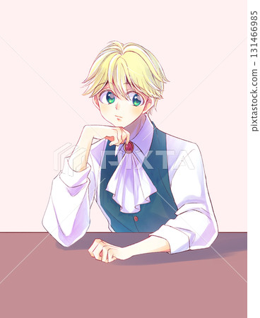 一位貴族男子坐在桌旁，用手托著下巴 131466985