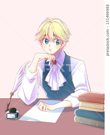 一位金髮貴族男子,手托著下巴。桌子。紙張。 一位金髮貴族男子,手托著下巴。桌子。紙張。 131466988