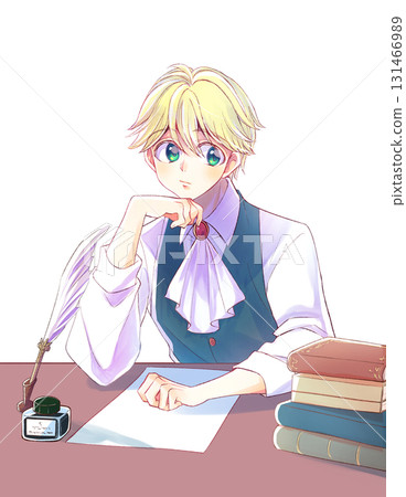 一位金髮貴族男子,手托著下巴。桌子。紙張。 一位金髮貴族男子,手托著下巴。桌子。紙張。 131466989