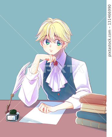 外表英俊的金髮男孩，手托著下巴。桌子。紙張。 131466990