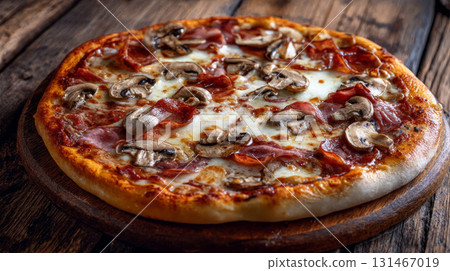 Homemade pizza topped with pepperoni and mushrooms on a wooden table ready to be enjoyed 131467019