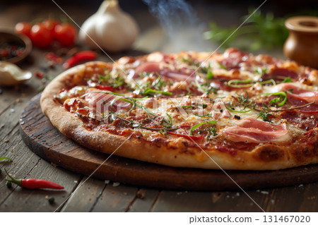 Delicious homemade pizza fresh from the oven served on a rustic wooden table with toppings and herbs 131467020