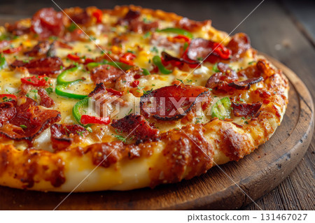 Delicious homemade pizza topped with pepperoni, green peppers, and spicy red peppers on a wooden table 131467027