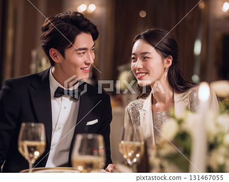 一對身著燕尾服和連身裙的美麗日本夫婦在一家豪華餐廳共進晚餐時面帶微笑地看著對方 131467055