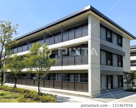 住宅區外觀，現代低層公寓大樓和藍天 131467056