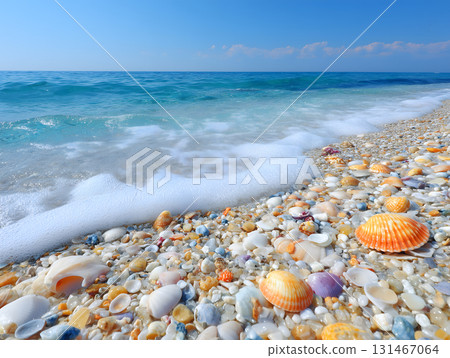 Beautiful summer nature with waves crashing on a beach covered with colorful shells and pebbles against the backdrop of blue sky and sea Beautiful summer nature with waves crashing on a beach covered with colorful shells and pebbles against the backdrop of blue sky and sea 131467064