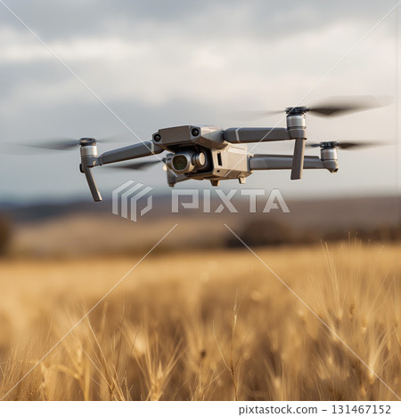 Drone captures aerial view above a golden field during a clear day 131467152
