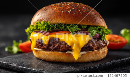 Juicy cheeseburger with melted cheese and fresh toppings served on a rustic platter 131467205