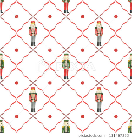 Christmas watercolor seamless pattern with nutcrackers, red ribbons. Hand drawn New Year illustrations decoration 131467233
